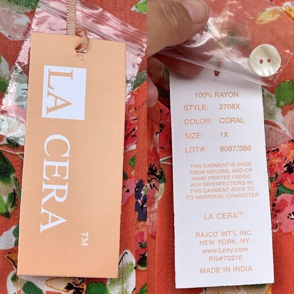 La Cera Button Front Short Sleeve coral floral print Dress  size 1X - Picture 9 of 10